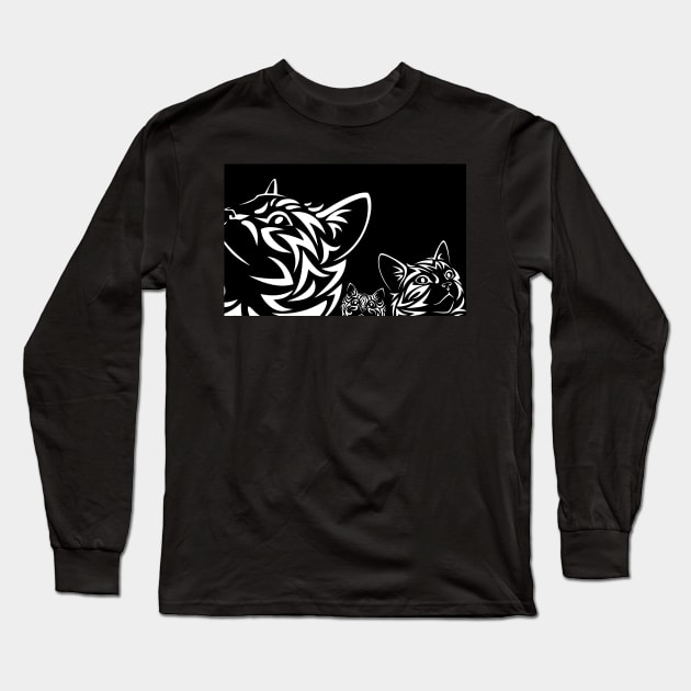 3 Cats on the Prowl in Black and White - Reverse Silhouette Ground View Long Sleeve T-Shirt by Benny Merch Pearl